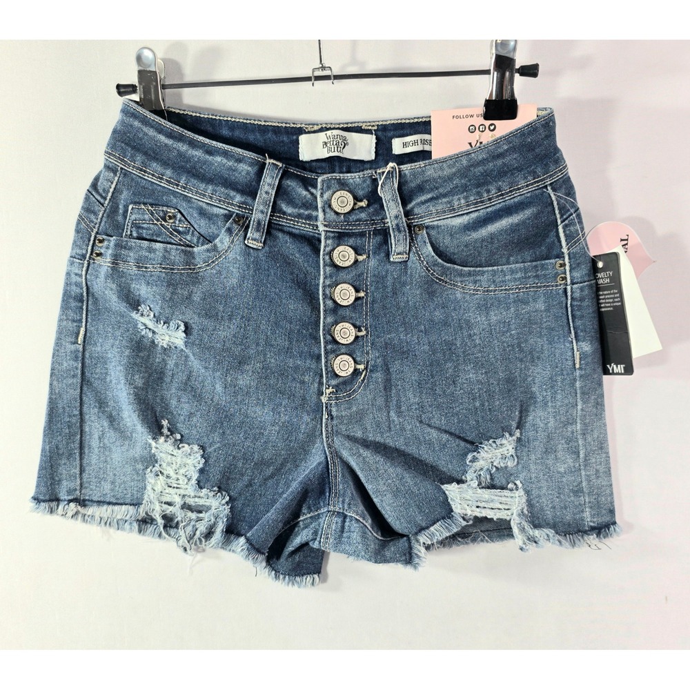 YMI WannaBettaButt High Rise Distressed Denim Shorts Button Fly Blue Size 5/27